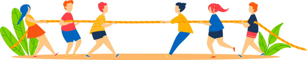 Young cartoon boy girl character pull rope, happy people activity with game, vector illustration. Children team at cartoon tug of war challenge.