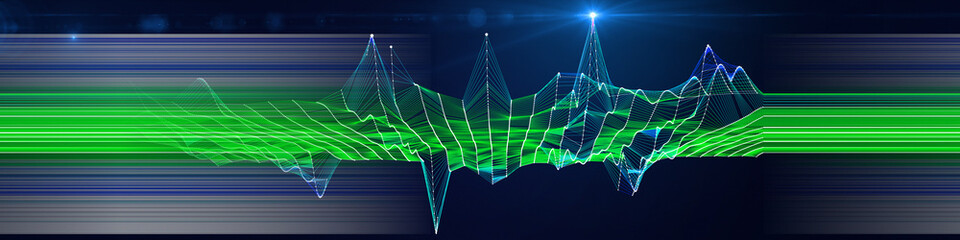 Abstract background polygonal noise grid with color blurred lines and spot. Presentation concept of algorithms data grid. Big Data.  Banner for business, science and technology.