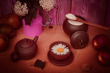 Obraz na płótnie Canvas Still life - teapot for flower tea on a bright colored background.. High quality creative artwork clipart