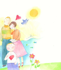 illustration in watercolor, crayons and collage of a boy with his family
