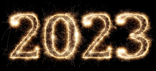 2023 sparkler golden number bright gold fireworks display black. dark celebration happy new year eve change of the year concept background
