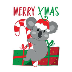 Merry Xmas - cute koala bear in Santa hat with candy cane, and Christma presents. Good for greeting card, textile print, poster, label, and other decoration.