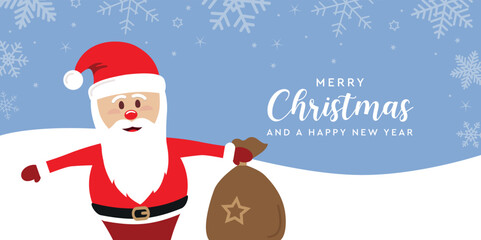 christmas greeting card with cute santa claus on snowy background