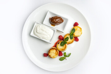 delicious cheesecakes with sour cream in a restaurant
