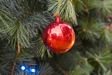 Red Christmas ball ornament hang on Christmas tree outdoor close up selective focus