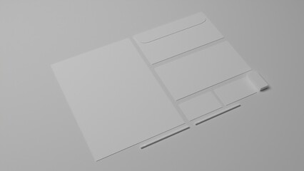 Set of stationery mock up isolated on white background. Blank stationery mock up. 3D illustration.
