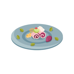 Molecular pink rolls served on plate cartoon illustration. Side view of molecular dish. Scientific approach to cooking. Luxury food, course, gastronomy, chemistry concept