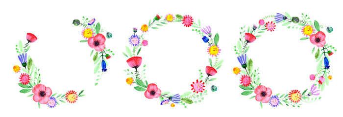 Hand drawn watercolor flowers, poppy, cornflower, daisy, leaves, branches