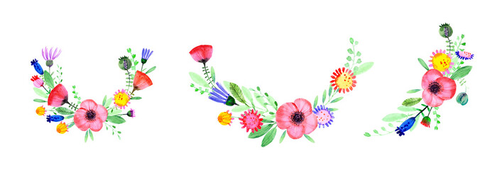 Hand drawn watercolor flowers, poppy, cornflower, daisy, leaves, branches