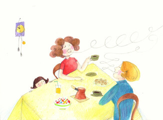 illustration in watercolor and crayons of women talking over coffee