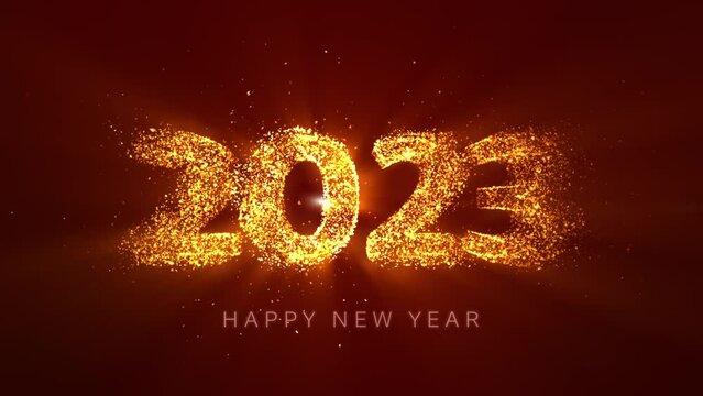 Happy New Year 2023, Gold particles fly, Glittering light ray beam on red  background.