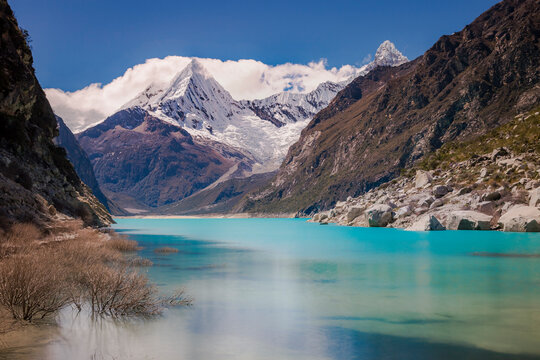 Turquoise Paron lake in Cordillera Blanca, snowcapped Andes, Ancash, Peru