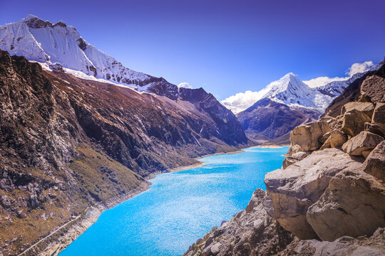 Turquoise Paron lake in Cordillera Blanca, snowcapped Andes, Ancash, Peru