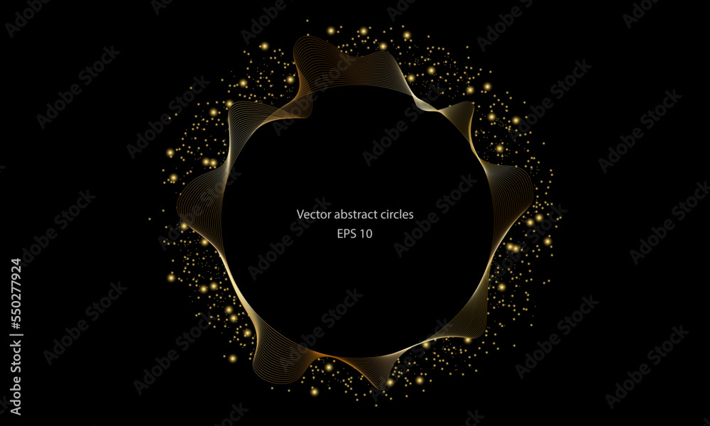 Poster shiny golden frame. modern luxury black circles lines wavy in round frame gold on dark background. g