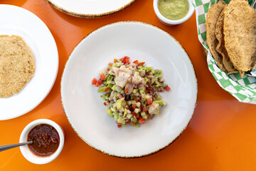 A Plate of Mexican Ceviche on an Orange Table
