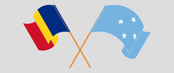 Fototapeta na wymiar Crossed and waving flags of Romania and Micronesia