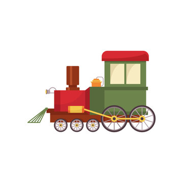 Green and red vintage locomotive cartoon illustration. Retro locomotive, engine or steam train. Transportation concept