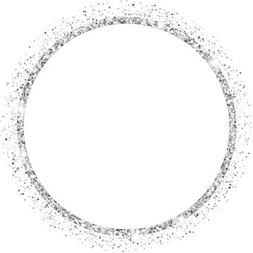 silver glitter cirlce frame with sparkling stars isolated on transparent background illustration, luxury metallic border, clip art, png.