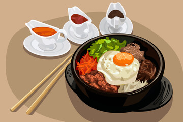 Illustration of Pibimpap Asian food with sauces and chopsticks on a neutral background with spots. Suitable for printing menus in a restaurant.