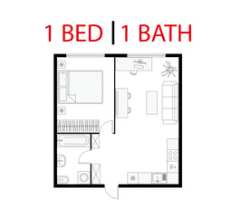 Plan floor apartment. Studio, condominium. One bedroom layout floor plan. Interior design elements kitchen, bedroom, bathroom with furniture symbol. Vector floorplan. Architectural plan.