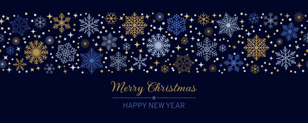 Christmas and Happy New Year  crad, banner template with snowflake seamless border, festive ornate style repeat backdrop with blue and gold snowflake and star confetti on dark blue background vector