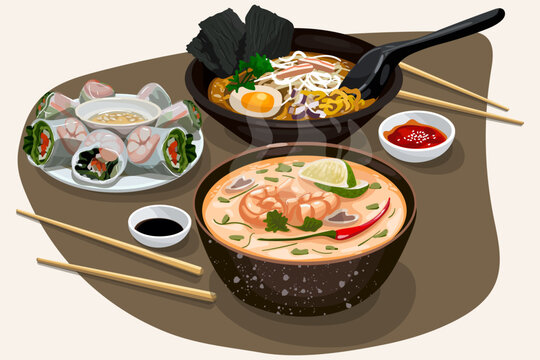 Illustration of an Asian dinner with ramen, tom yam, spring rolls with sauces and chopsticks on a neutral background. Suitable for printing menus in a restaurant.