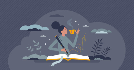 Literature author occupation with creative writer skills tiny person concept. New story character or poetry typing from imagination and inspiration vector illustration. Professional handwriting job. - obrazy, fototapety, plakaty