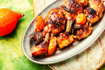 Chicken drumsticks roasted with vegetable.