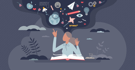 Expanding knowledge horizon with personal mind education training tiny person concept. Academic wisdom growth with various competences vector illustration. Reading process as intellect or mind boost. - obrazy, fototapety, plakaty
