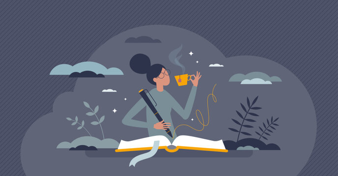 Literature author occupation with creative writer skills tiny person concept. New story character or poetry typing from imagination and inspiration vector illustration. Professional handwriting job.