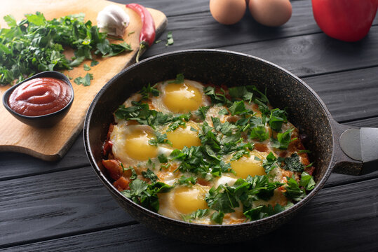 Breakfast Hash With Sweet Potato Peppers, Zucchini Cheese And Fried Egg, Top View.