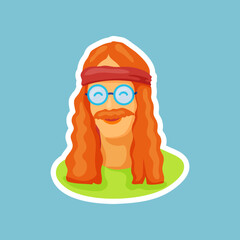 Fototapeta premium Retro hippie badge with happy man vector illustration. Sticker or patch with happy man in glasses on blue background. Hippie, peace, music, love, accessories concept