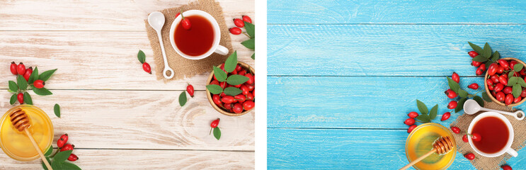 tea with rose hips and honey on blue wooden background with copy space for your text. Top view