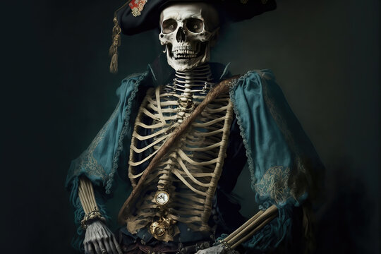AI generated image of a scary skeleton pirate from ghost stories about pirates 