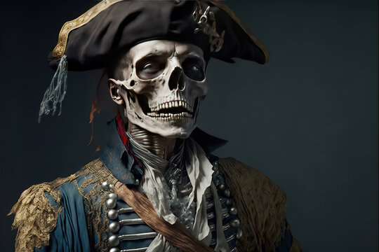 AI generated image of a scary skeleton pirate from ghost stories about pirates 