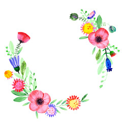 Hand drawn watercolor flowers, poppy, cornflower, daisy, leaves, branches.