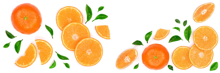 orange or tangerine with leaves isolated on white background with copy space for your text. Flat lay, top view