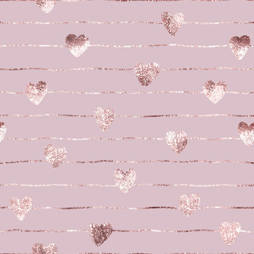Heart seamless pattern. Girl background with pink hearts and lines. Repeated rose gold packing. Texture for love printing. Repeating foil. Marble design for prints. Repeat printed. Vector illustration