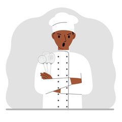 Screaming cook holds a kitchen cutlery set in his hand. Profession.