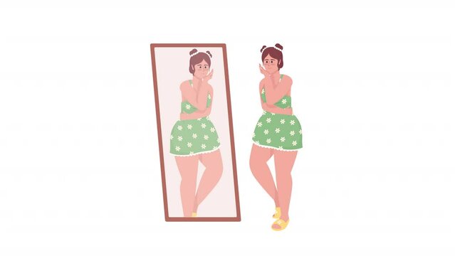 Animated happy plumpy lady character. Smiling girl looking in mirror. Full body flat person on white background with alpha channel transparency. Colorful cartoon style HD video footage for animation