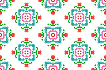 Ikat ethnic seamless pattern decoration. Aztec fabric carpet boho mandalas textile decor wallpaper. Tribal native motif ornaments African American folk traditional embroidery vector background 