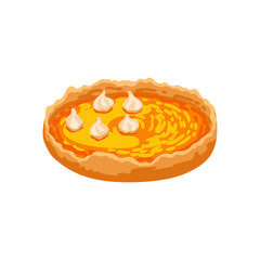 Sweet pumpkin pie with cream vector illustration. Cartoon drawing of whole pie with whipped cream on white background. Autumn, Thanksgiving day, desserts concept