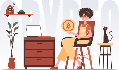 The concept of mining and extraction of bitcoin. A woman sits in a chair and holds a bitcoin in her hands. Character in trendy style.