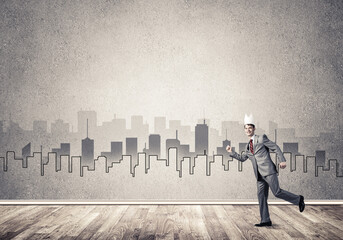 King businessman in elegant suit running and drawn cityscape silhouette at background