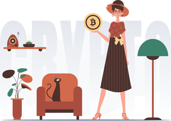 Cryptocurrency concept. A woman holds a bitcoin coin in her hands. Character with a modern style.