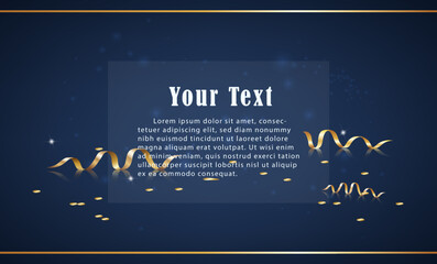 Vector banner illustration. Celebration flyer with gold ribbons and confetti. advertisement template.