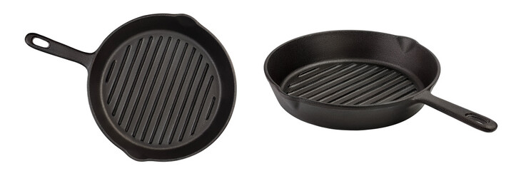 Empty cast iron grill frying pan isolated on white background. Top view.