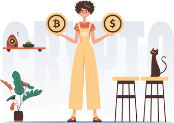 Cryptocurrency concept. A woman holds a bitcoin and a dollar in her hands. Character in modern trendy style.