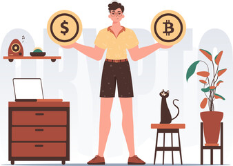 Cryptocurrency concept. A man holds a coin of bitcoin and dollar in his hands. Character in trendy style.