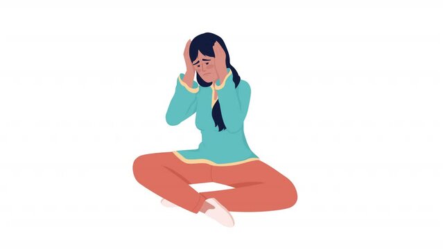 Animated exhausted girl character. Sensory overload. Hypersensitivity. Full body flat person on white background with alpha channel transparency. Colorful cartoon style HD video footage for animation